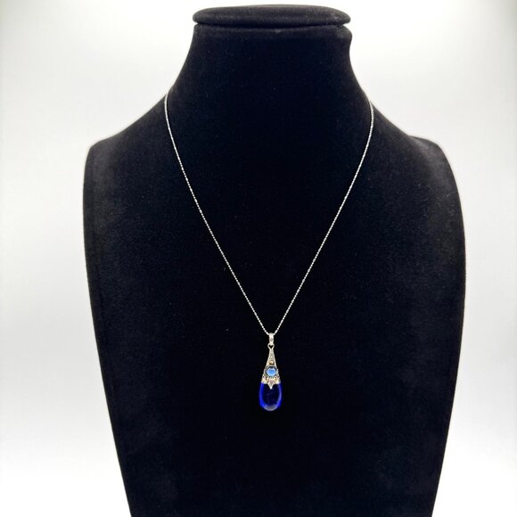 Sterling Jewelry - Blue Glass Sterling Silver Tear Drop Pendant On A Sterling Silver Chain